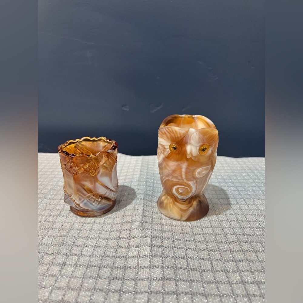Vintage Imperial Slag Glass Brown Swirled Owl and Cup Set. Mint condition.